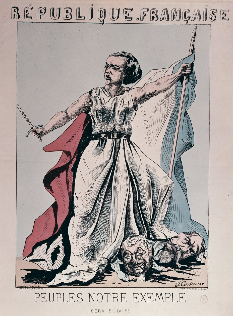 Personificazione della Repubblica Francese come Louise Michel che calpesta le teste di Louis Adolphe Thiers e Napoleone III da J. Corseaux