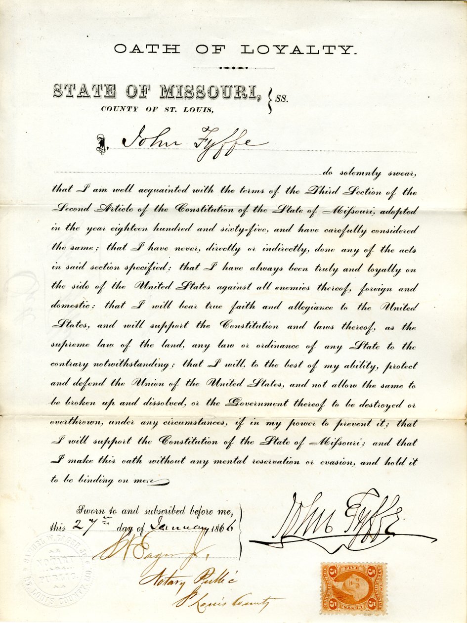 Giura fedeltà al Governo degli Stati Uniti e allo Stato del Missouri da J. Fyffe