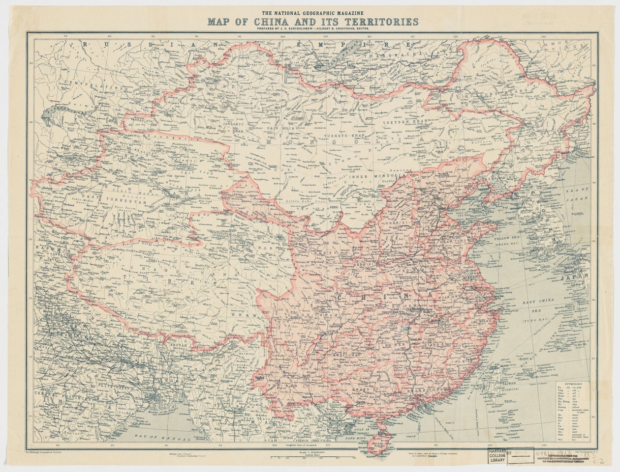 Mappa della Cina e dei suoi territori della rivista National Geographic da J. G. Bartholomew