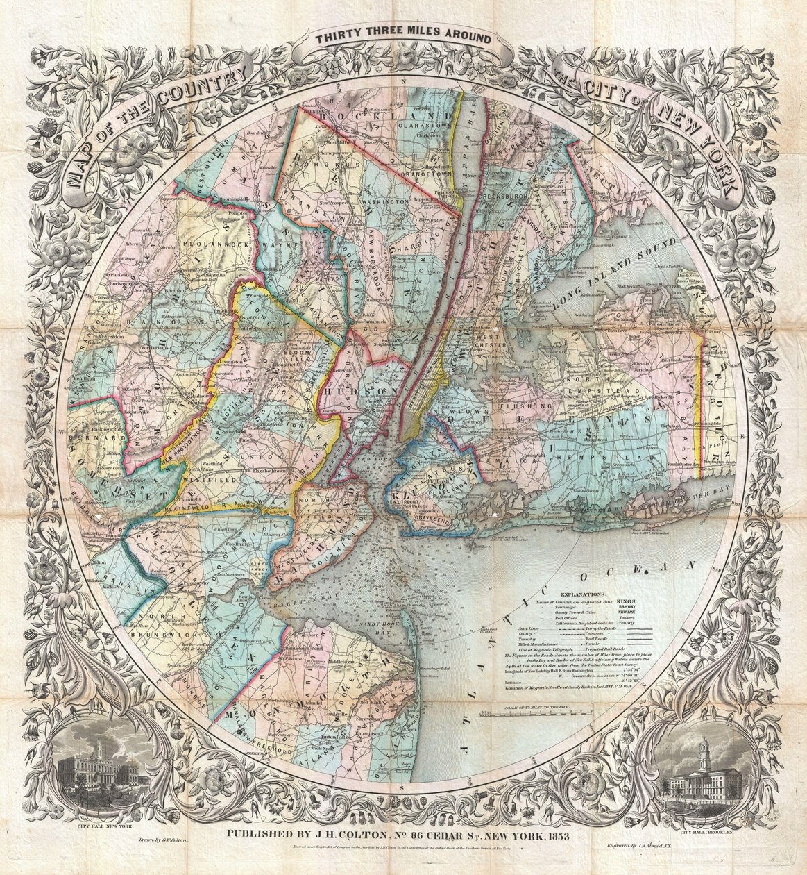 Mappa del territorio trentatré miglia intorno alla città di New York da J. H. Colton