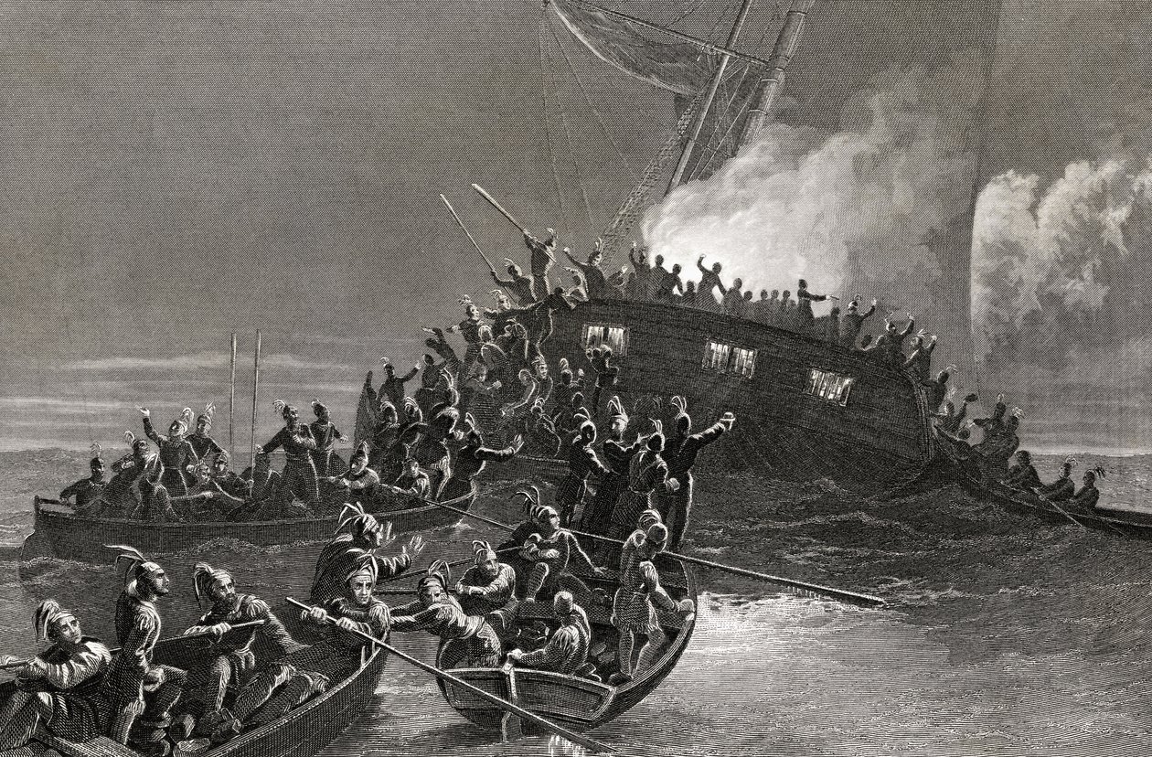 Distruzione della goletta Gaspe nelle acque del Rhode Island, 1772, inciso da J. Rogers da J. McNevin