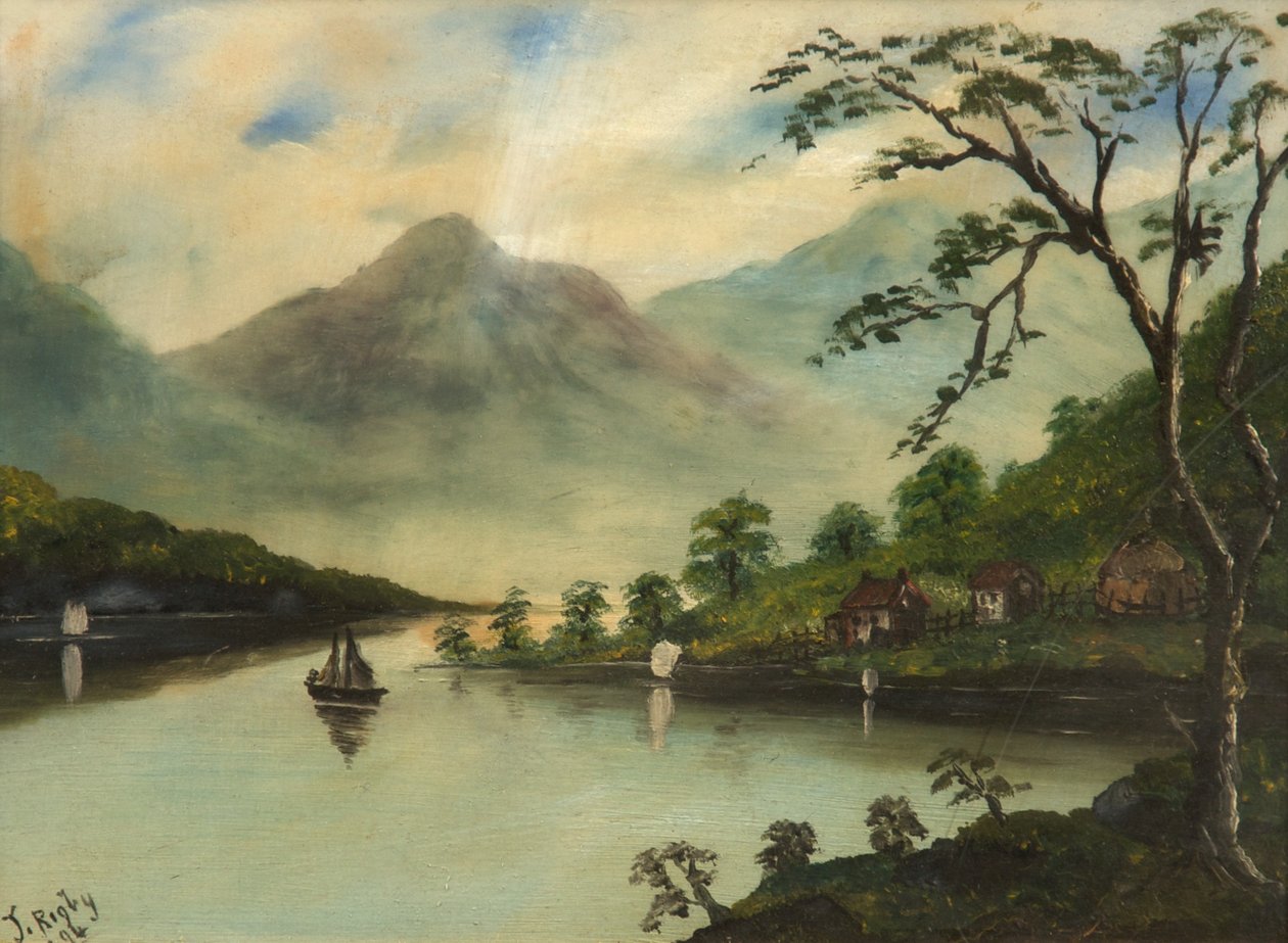 Paesaggio con Lago, Montagne e Barca a Vela, 1894 da J. Rigby