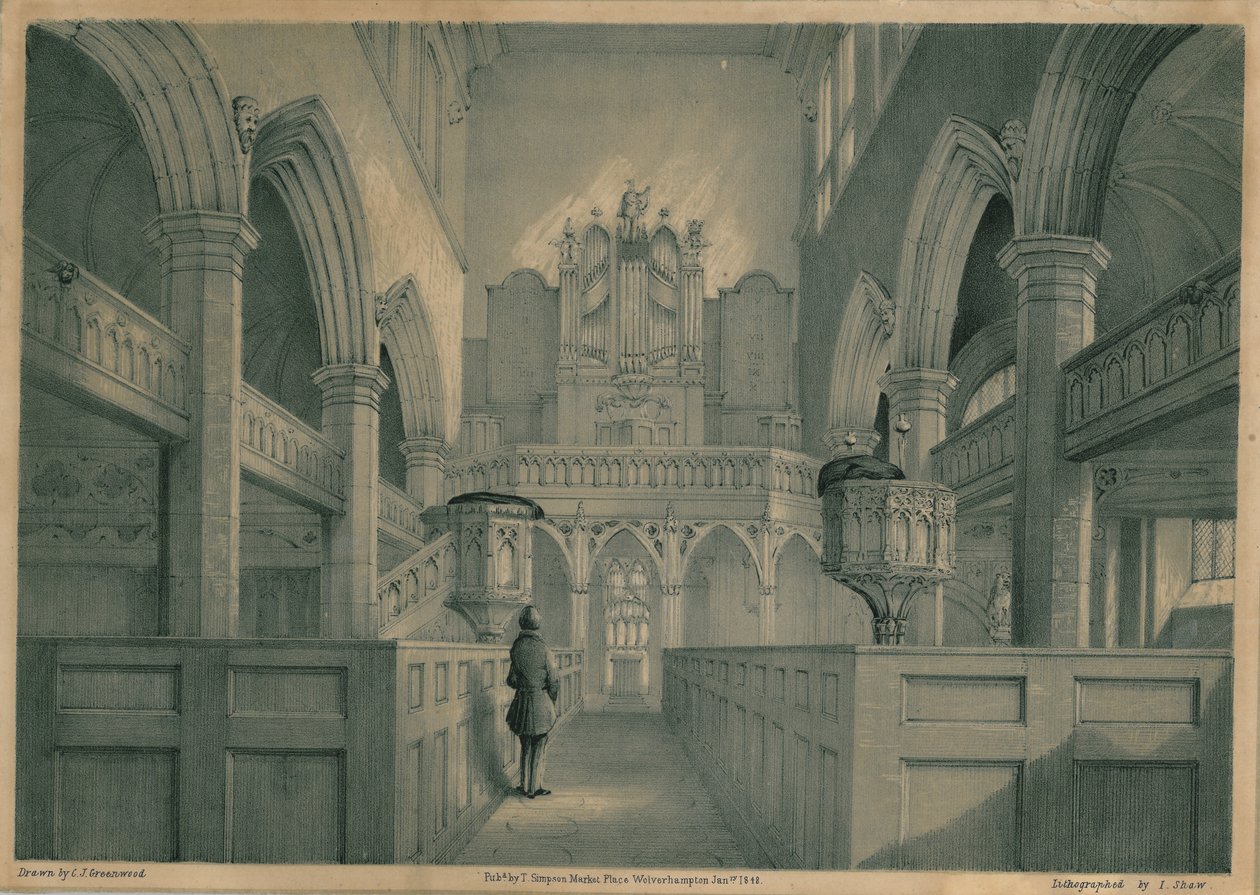 Vista interna della Chiesa di San Pietro, Wolverhampton, 1848 da J. Show