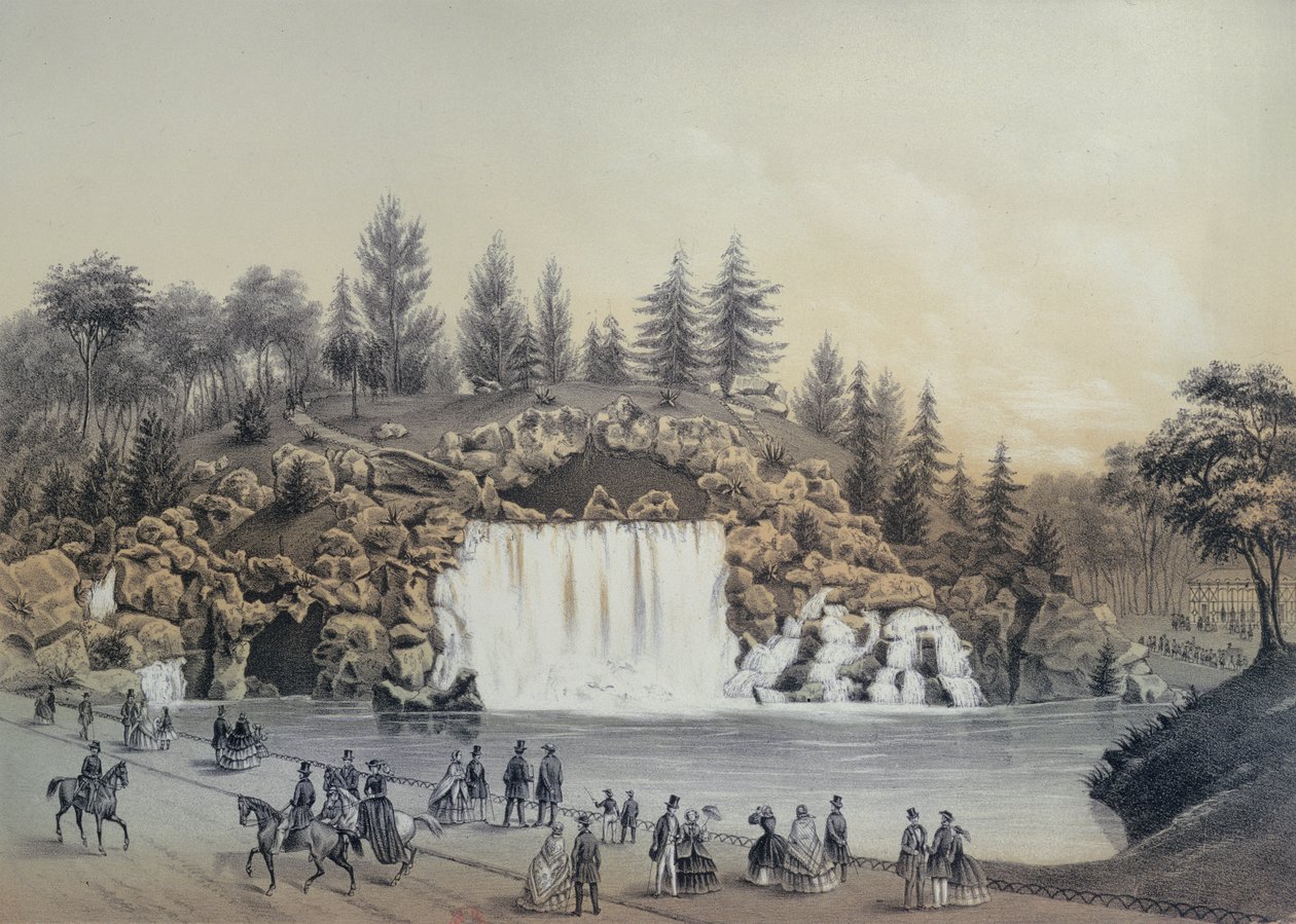 La Grande Cascata nel Bois de Boulogne a Parigi, pubblicata da Caudrilier, 1860 da J. Walter