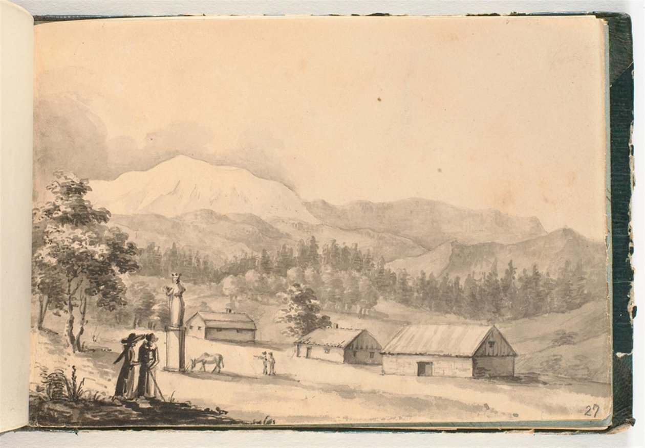 Paesaggio montano con persone e case da Johan Christian Dahl