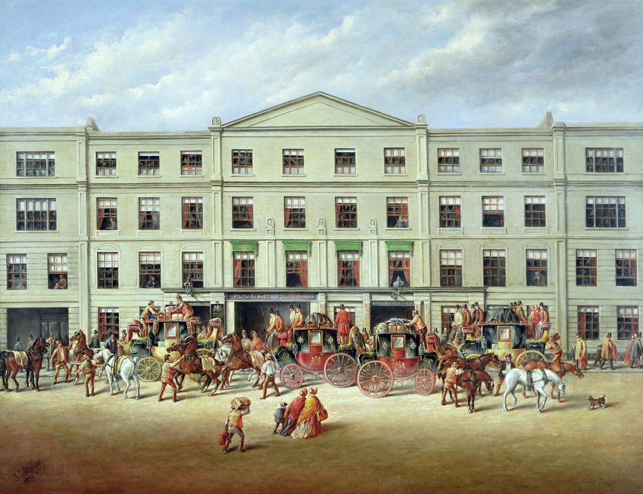 Cambio di cavalli fuori dal Plough Inn, Cheltenham, 1870 da J.C. Maggs