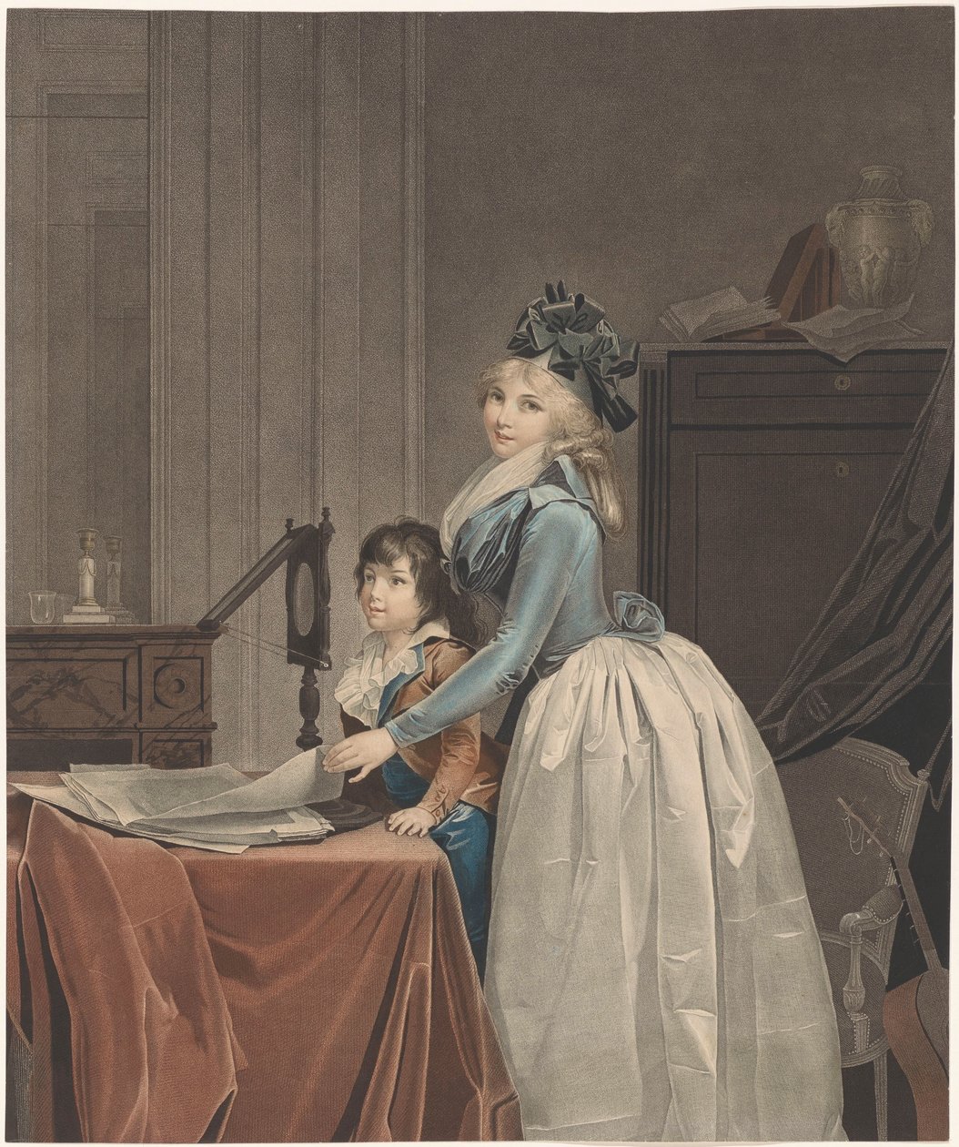Ritratto di Louise Sébastienne Gély con figliastro dietro uno specchio ottico da J.F. Cazenave
