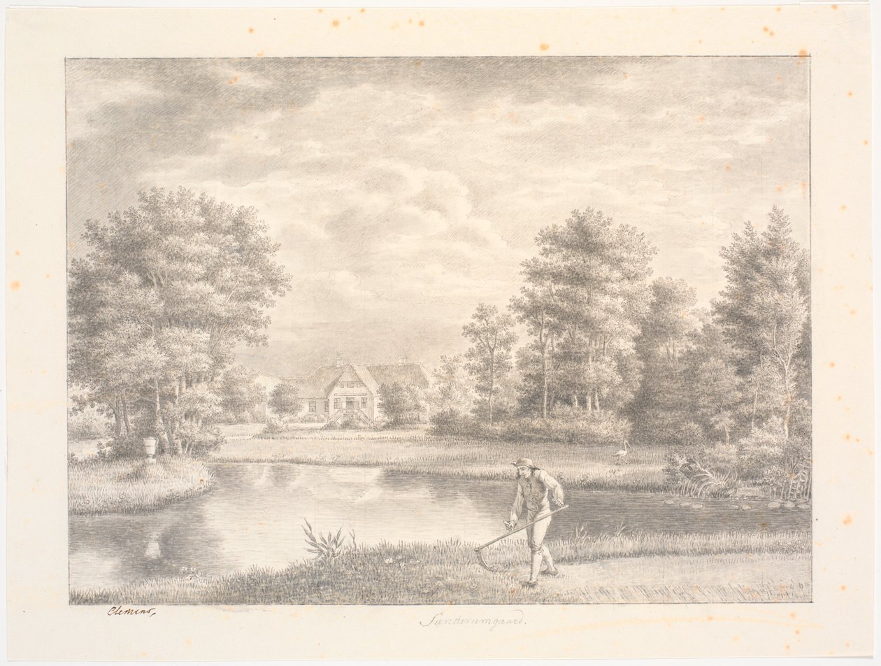 Giardino di Sanderumgaard con casa. In primo piano uomo con falce da J.F. Clemens