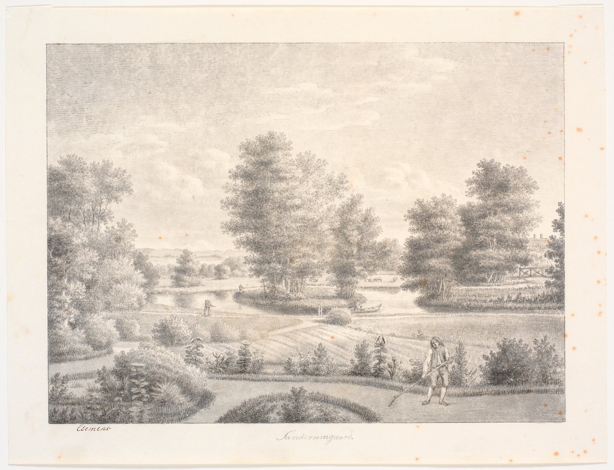 Giardino di Sanderumgaard con isola alberata. In primo piano uomo con rastrello da J.F. Clemens