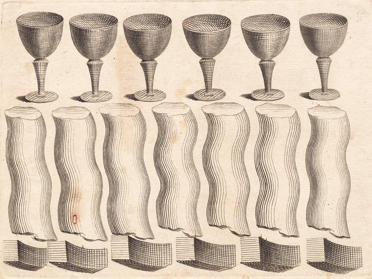 Foglio di studio di coppe e parti di un bastone ritorto da J.F. Clemens