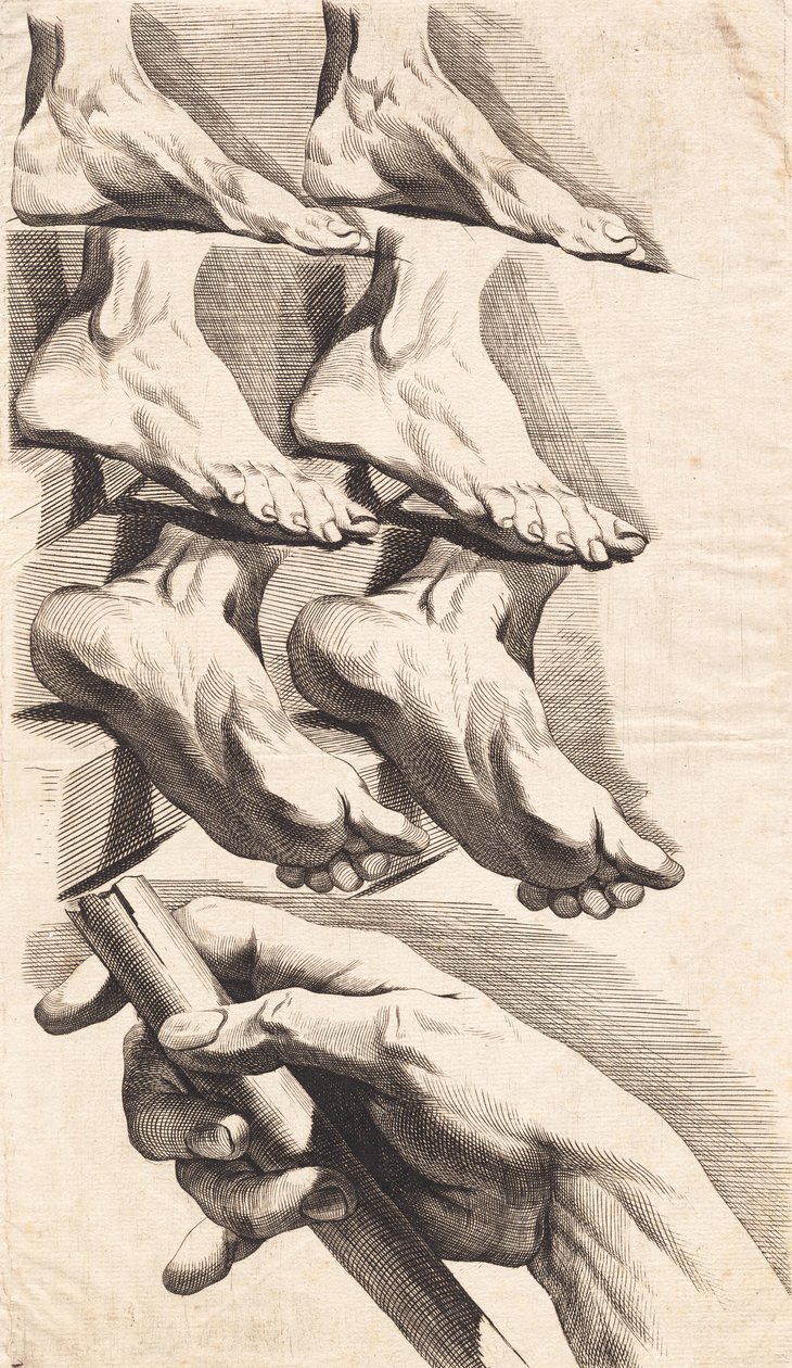 Foglio di studio di piedi e una mano che tiene un bastone da J.F. Clemens