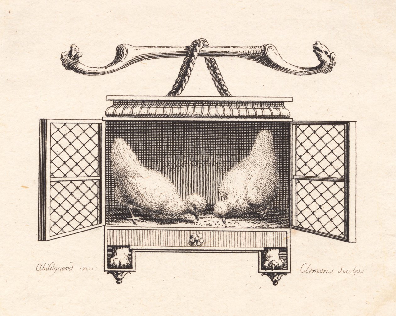 Vignetta raffigurante due galline che beccano il grano da J.F. Clemens