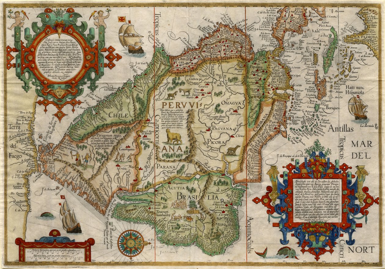 Delineatio omnium orarum totius Australis parti Americae..., 1596 circa (incisione in rame colorata a mano) da J.H. & van Langren A.F. (1571-1644) Linschoten