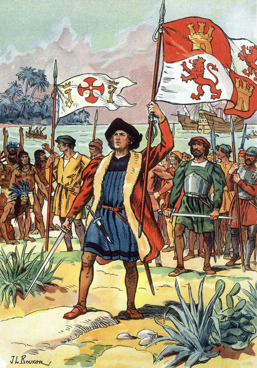 1492: Cristoforo Colombo arriva in America con la bandiera spagnola da J.L Beuzon (fl.1880 1940)