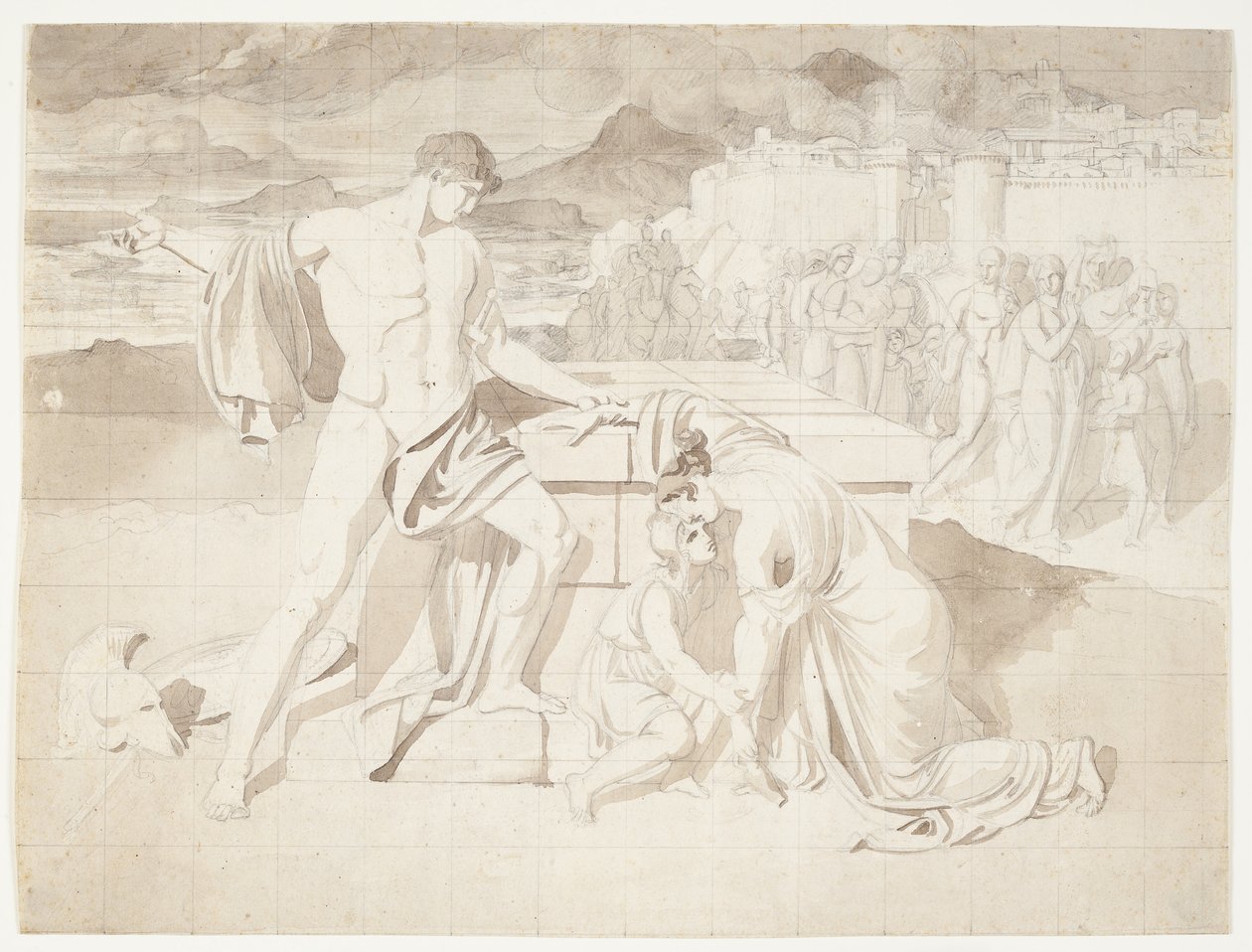 Andromaca e il figlio Astianatte con Pirro presso il sarcofago di Ettore da J.L. Lund