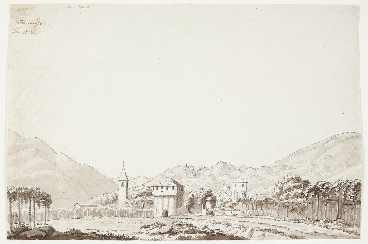 Paesaggio da Domodossola in Svizzera con chiesa e torre di guardia da J.L. Lund
