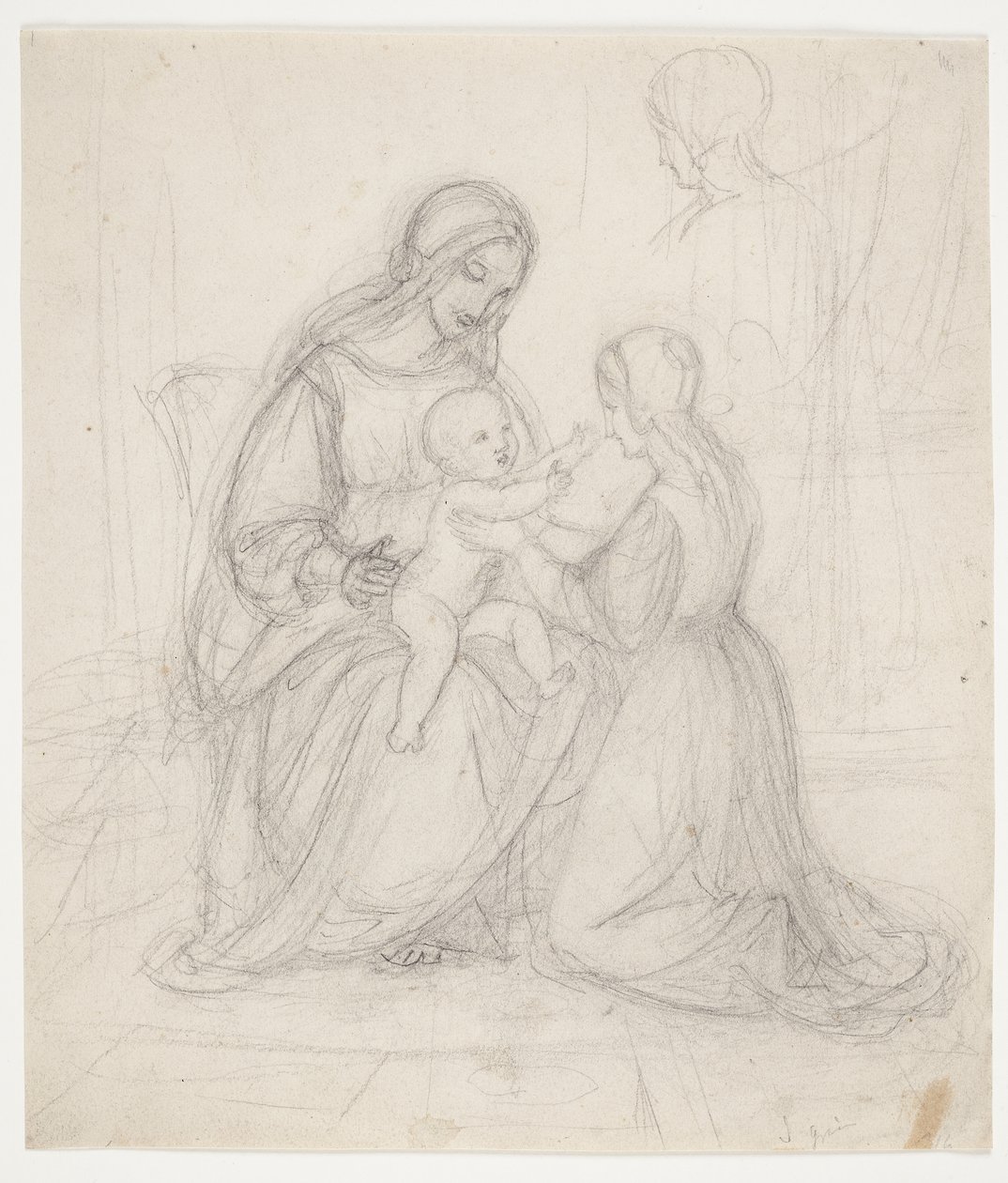 Madonna seduta con bambino e donna inginocchiata da J.L. Lund