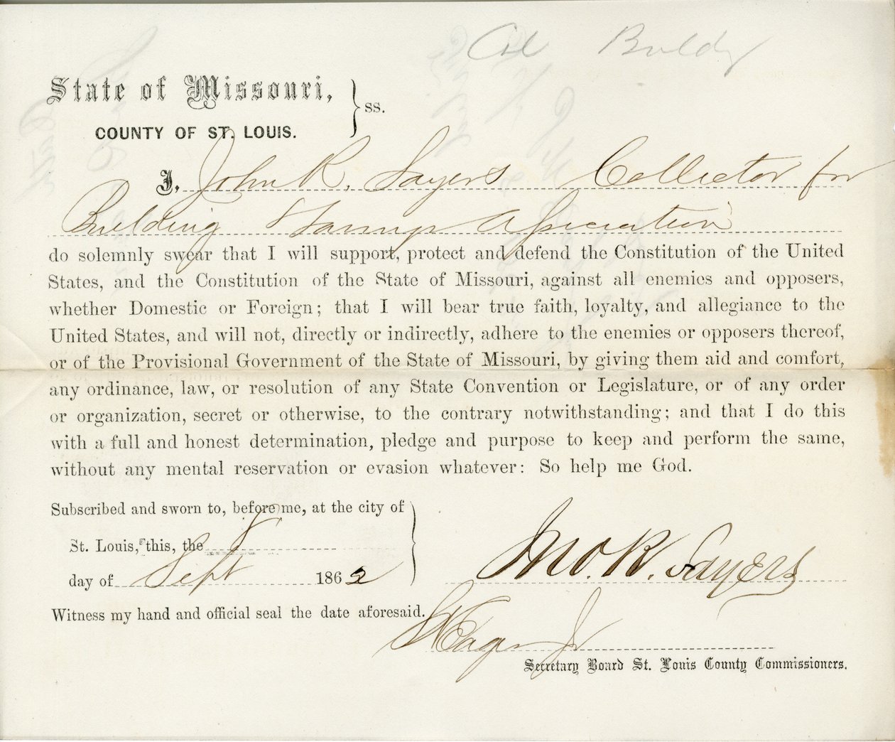 Giuramento di fedeltà di John R. Sayers del Missouri, Contea di St. Louis da J.R. Sayers