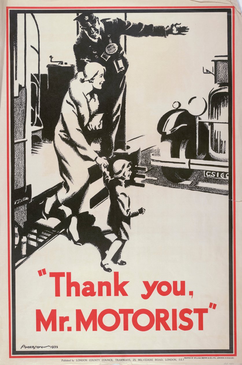 Grazie Signor Automobilista, poster della London County Council LCC Tramways da JS Anderson