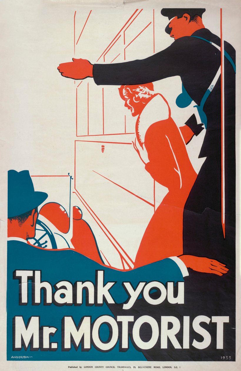 Grazie signor automobilista, manifesto del London County Council LCC Tramways, 1933 da JS Anderson