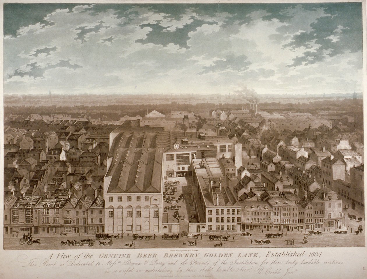 Veduta aerea della Genuine Beer Brewery, Golden Lane, City of London, 1807 da JS Barth