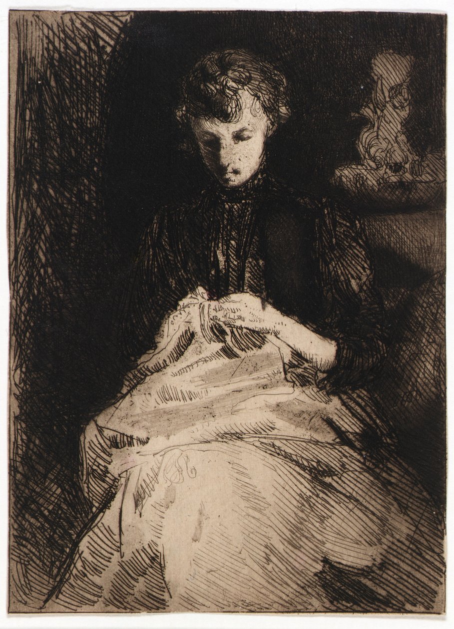 Donna seduta che cuce da J. Alden Weir