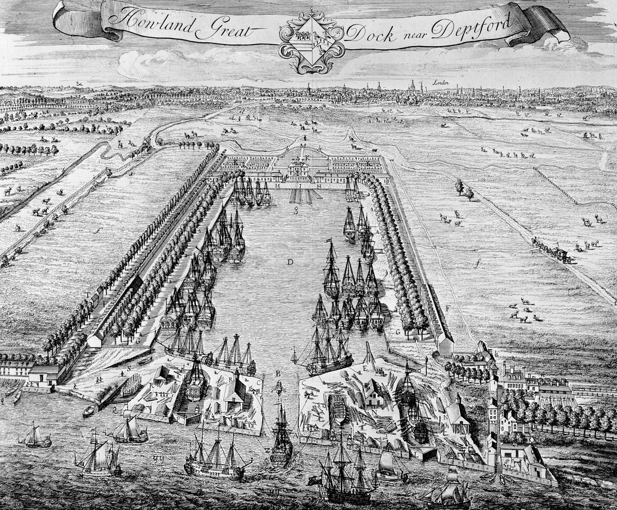 Howland Great Dock, vicino a Deptford, c.1715-20 da J. Badslade