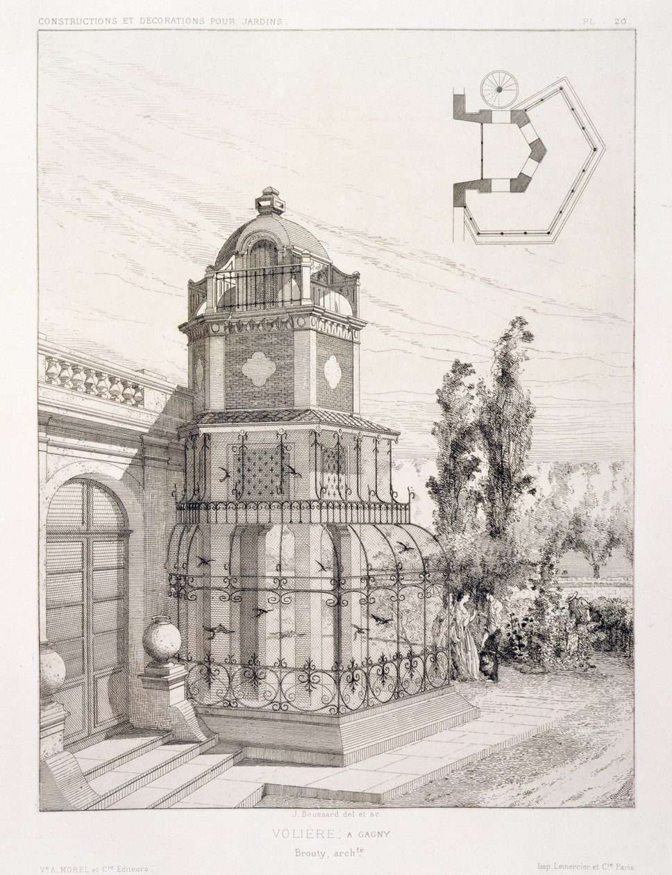Voliera per uccelli canori, da un volume di disegni di vari architetti, pub. Morel & Cie, Parigi, c.1880 da J. Boussard