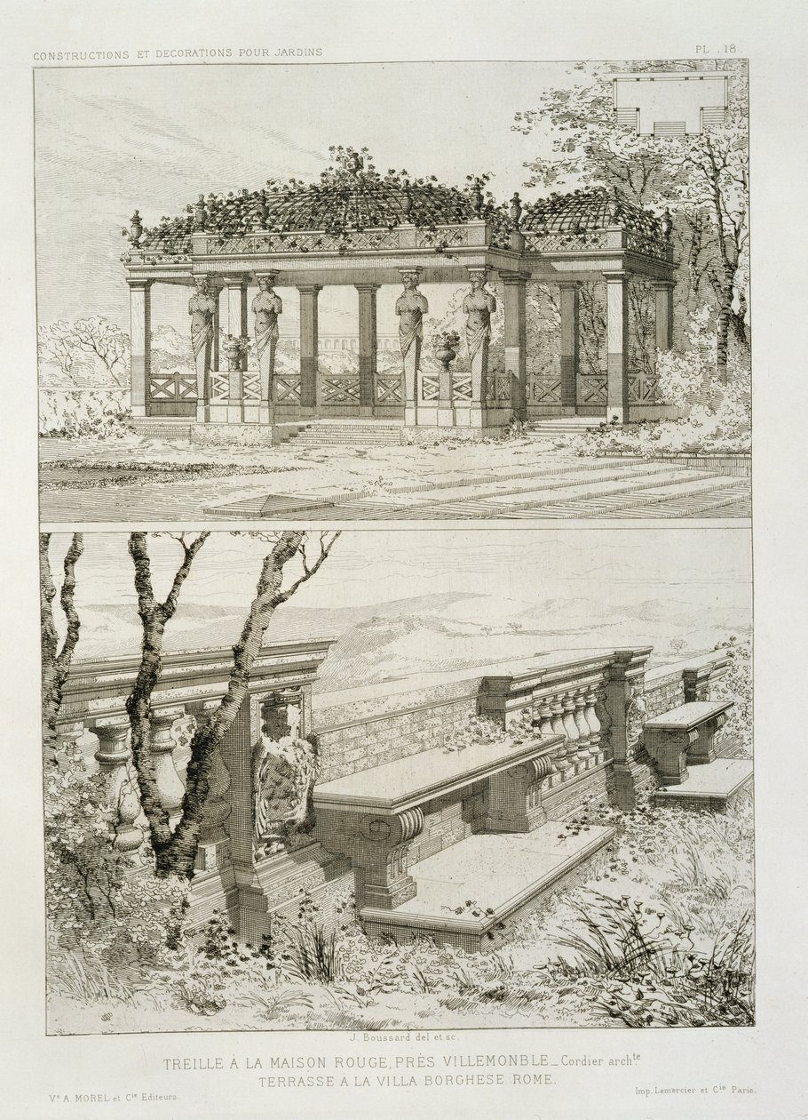 Pergola di La Maison Rouge vicino a Villemomble, progettata da Cordier, e terrazza della Villa Borghese, Roma, c.1880 da J. Boussard