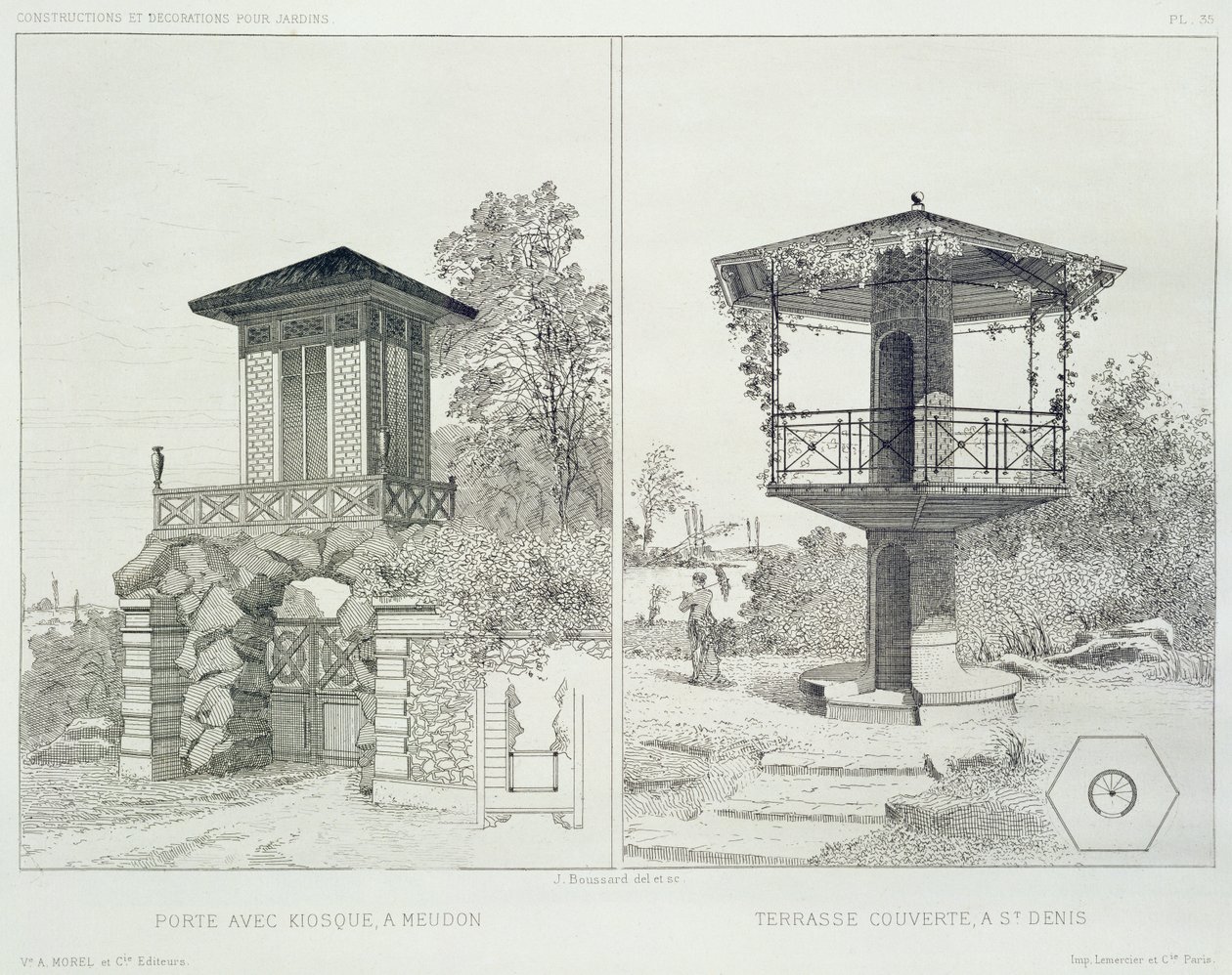 Portale con chiosco, Meudon, e terrazza coperta, St. Denis, da un volume di disegni di vari architetti, pub. Morel & Cie, Parigi, c.1880 da J. Boussard