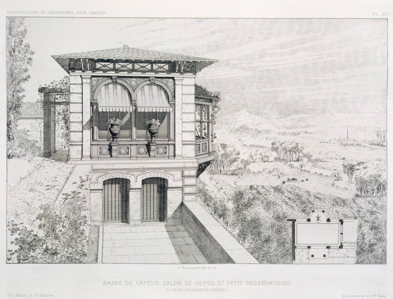 Bagni di vapore, osservatorio sopra, da un volume di disegni di vari architetti, pub. Morel & Cie, Parigi, c.1880 da J. Boussard