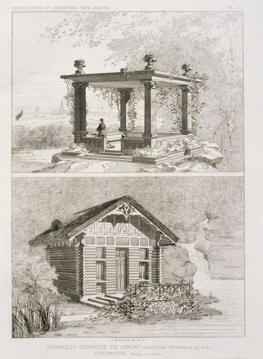Terrazza coperta di cemento e pergolato progettato da Danjoy, c.1880 da J. Boussard