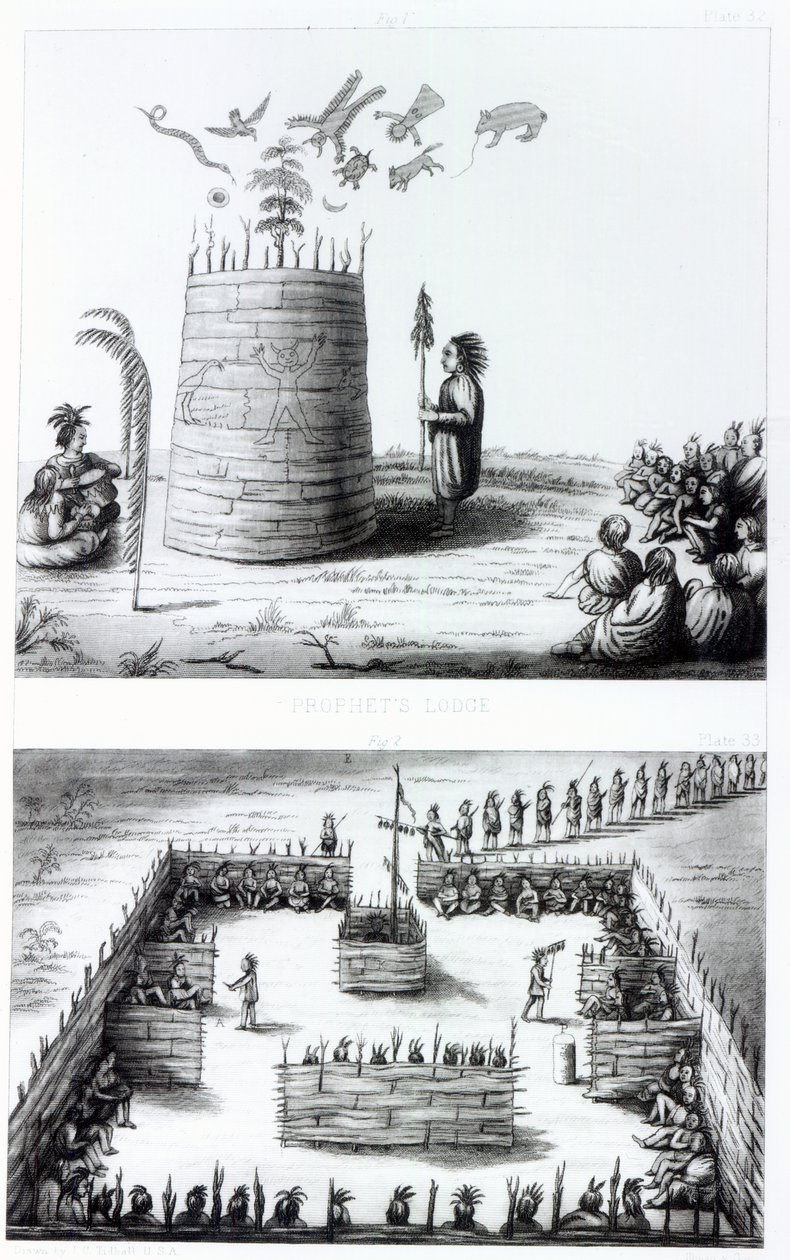 Il rifugio del profeta e Medawisos da un libro di Henry Schoolcraft (1793-1864) da J. C. Tidball