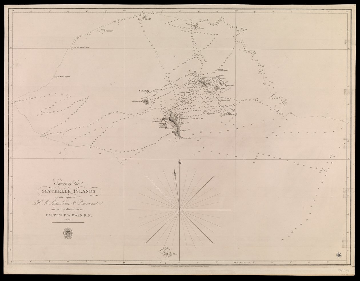 Carta delle Isole Seychelles dagli ufficiali delle navi H.M. Leven e Barracouta sotto la direzione del Capitano W.F.W. Owen R.N. 1825 da J. & C. Walker