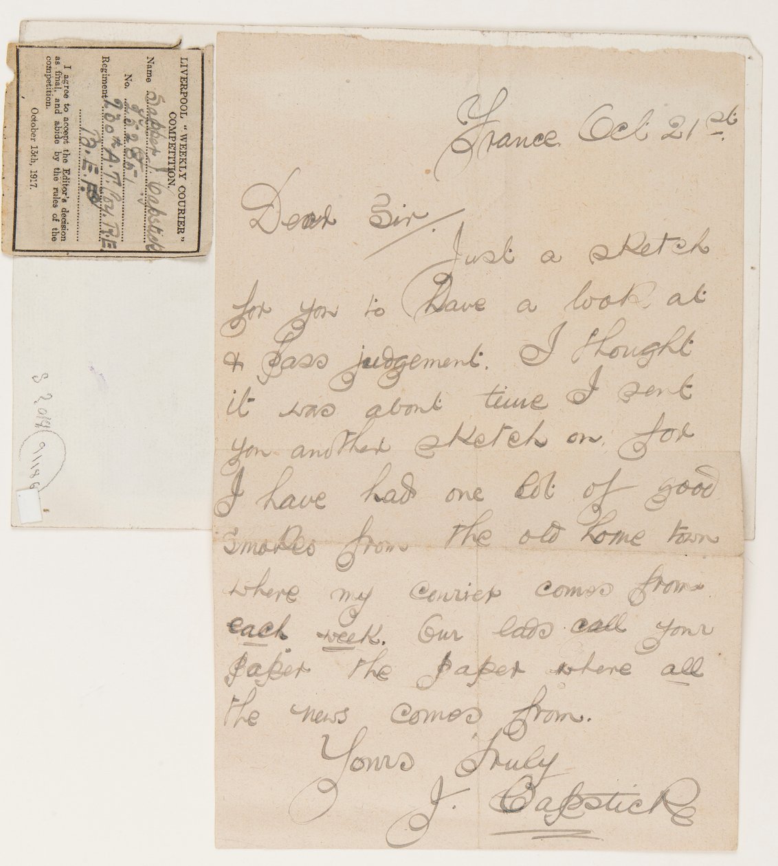 Lettera al redattore del Liverpool Weekly Courier, 21 ottobre 1917 da J. Capstick