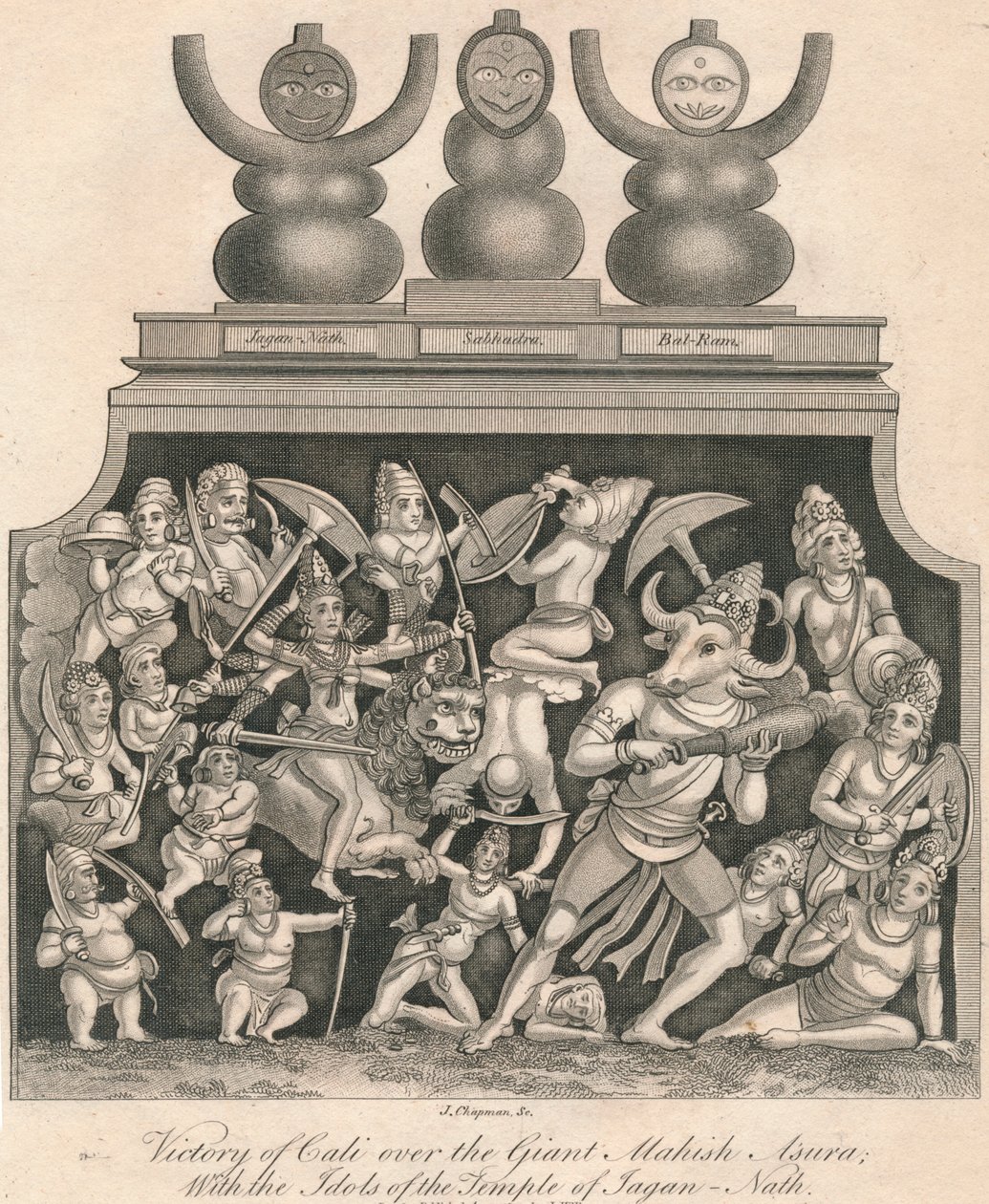 Vittoria di Cali sul gigante Mahish Asura, con gli idoli del tempio di Jagan-Nath, 1809 da J. Chapman