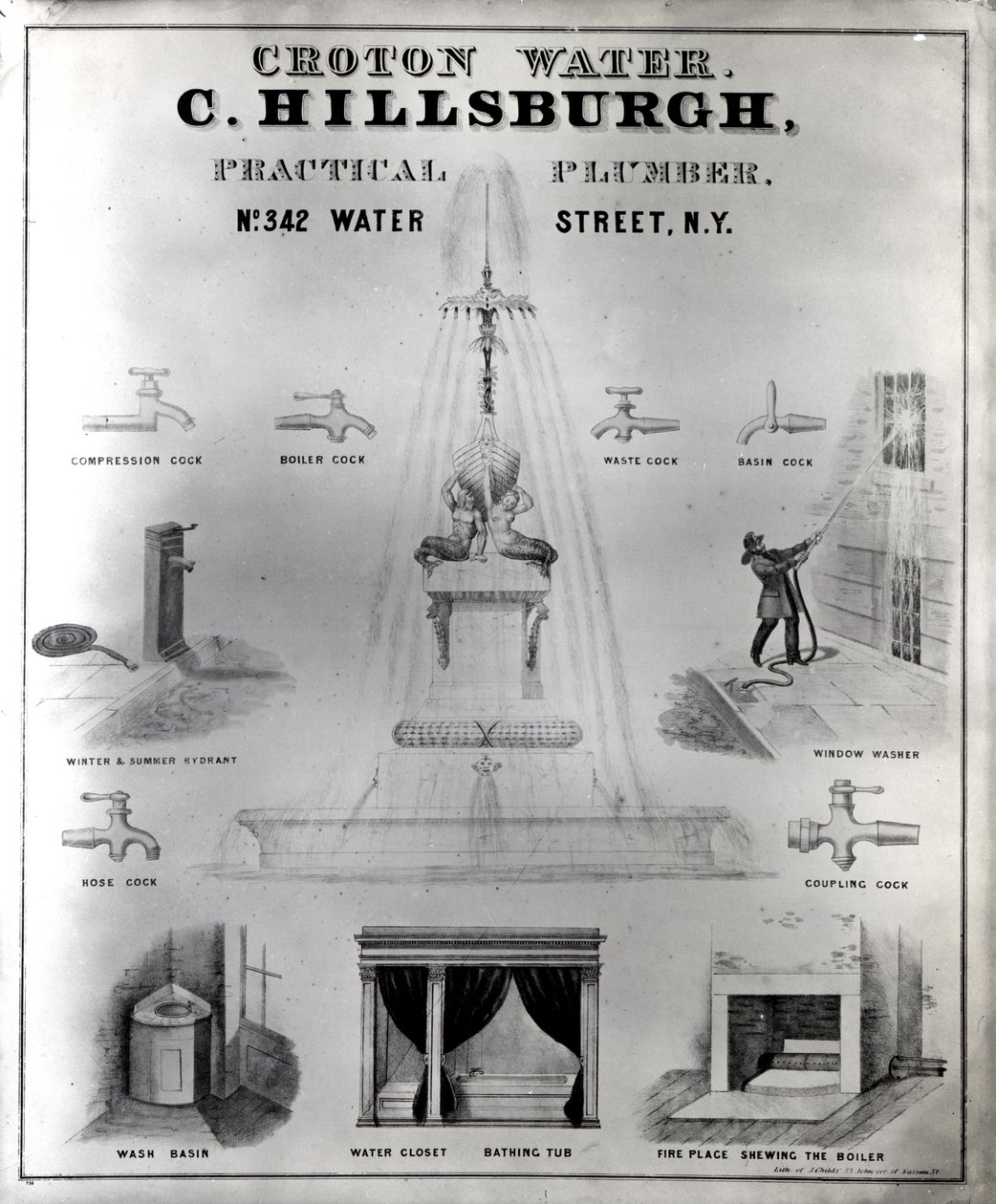 Croton Water. C. Hillsburgh, idraulico pratico, no. 342 Water Street, New York, 1840s da J. Childs