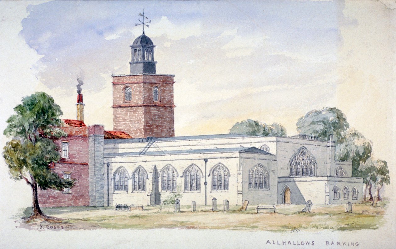 Chiesa di All Hallows-by-the-Tower, Londra, c. 1840 da J Cooke