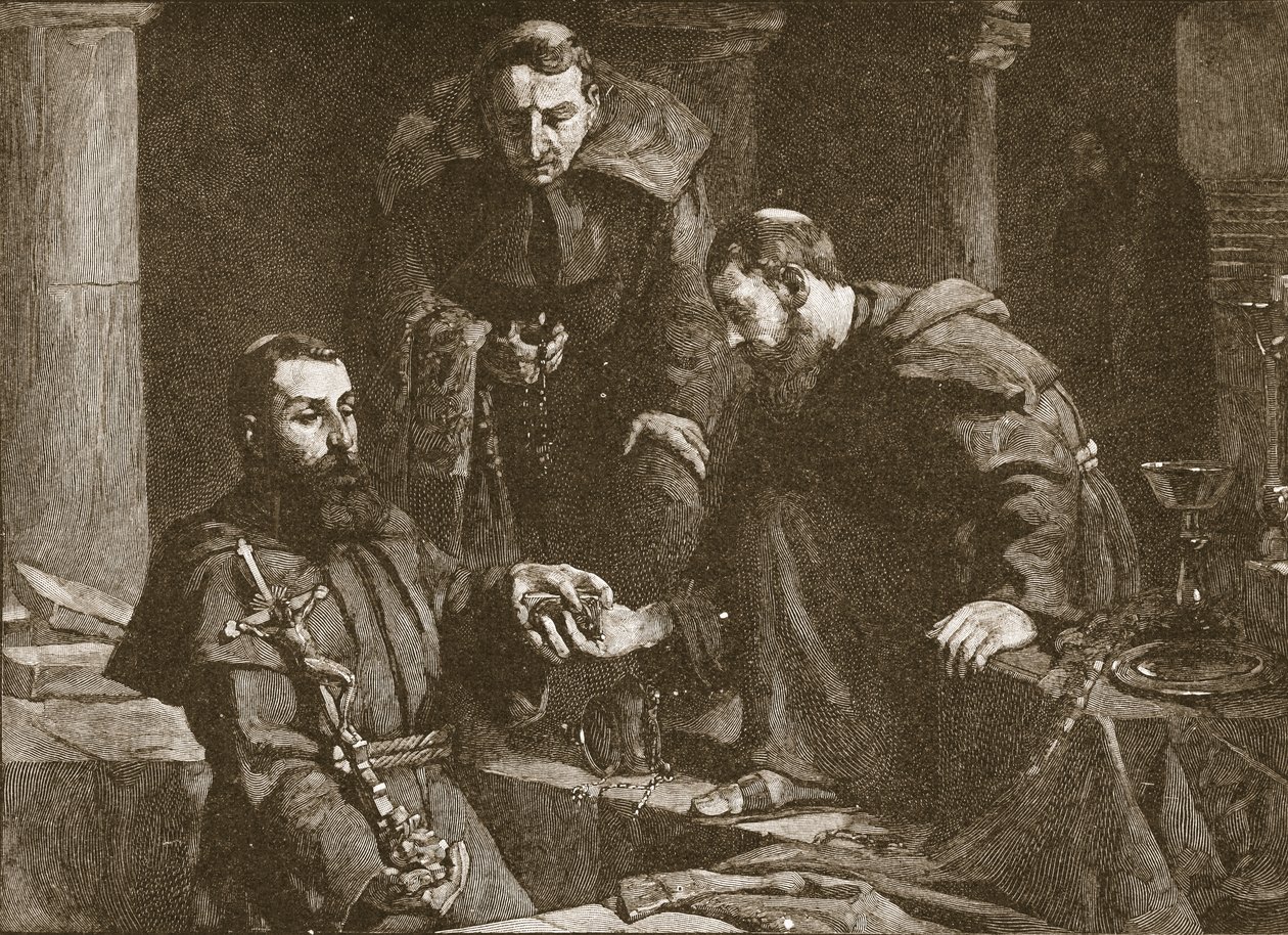 Nascondere il tesoro alla soppressione di un monastero, illustrazione da The Church of England: A History for the People di H.D.M. Spence-Jones, pub. c.1910 da J. Cooke