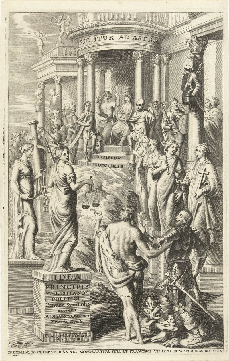 Ercole guida un uomo attraverso le personificazioni delle virtù verso il tempio della gloria eterna da J. Danoot