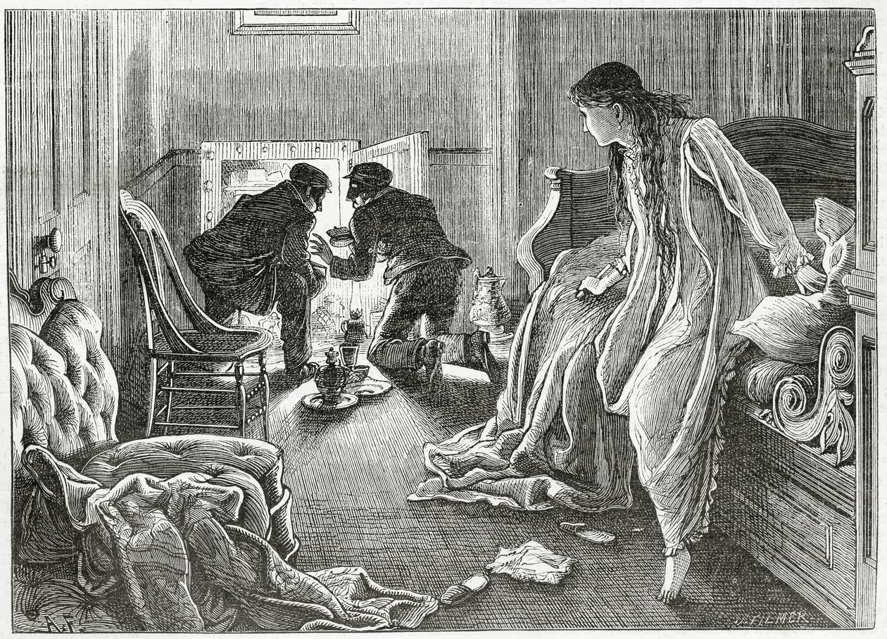 Alzai la mano molto delicatamente e tirai fuori il pugnale da sotto il mio cuscino, illustrazione per una storia di crimine thriller 