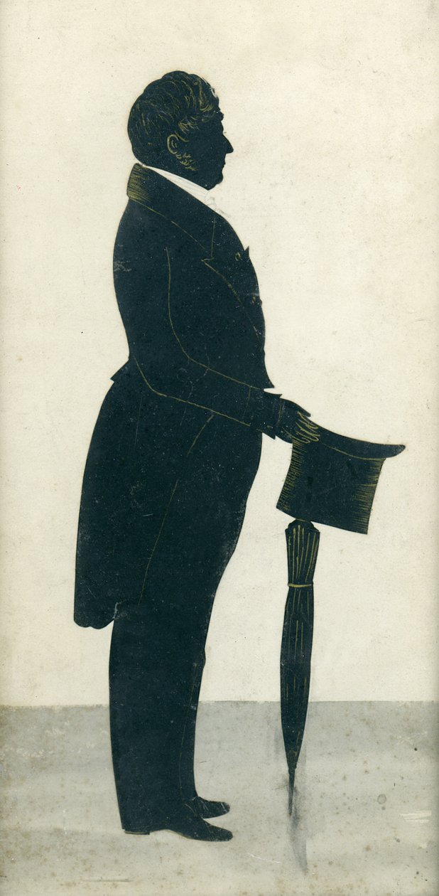 Silhouette di un uomo con cilindro, redingote e ombrello da J. Gapp