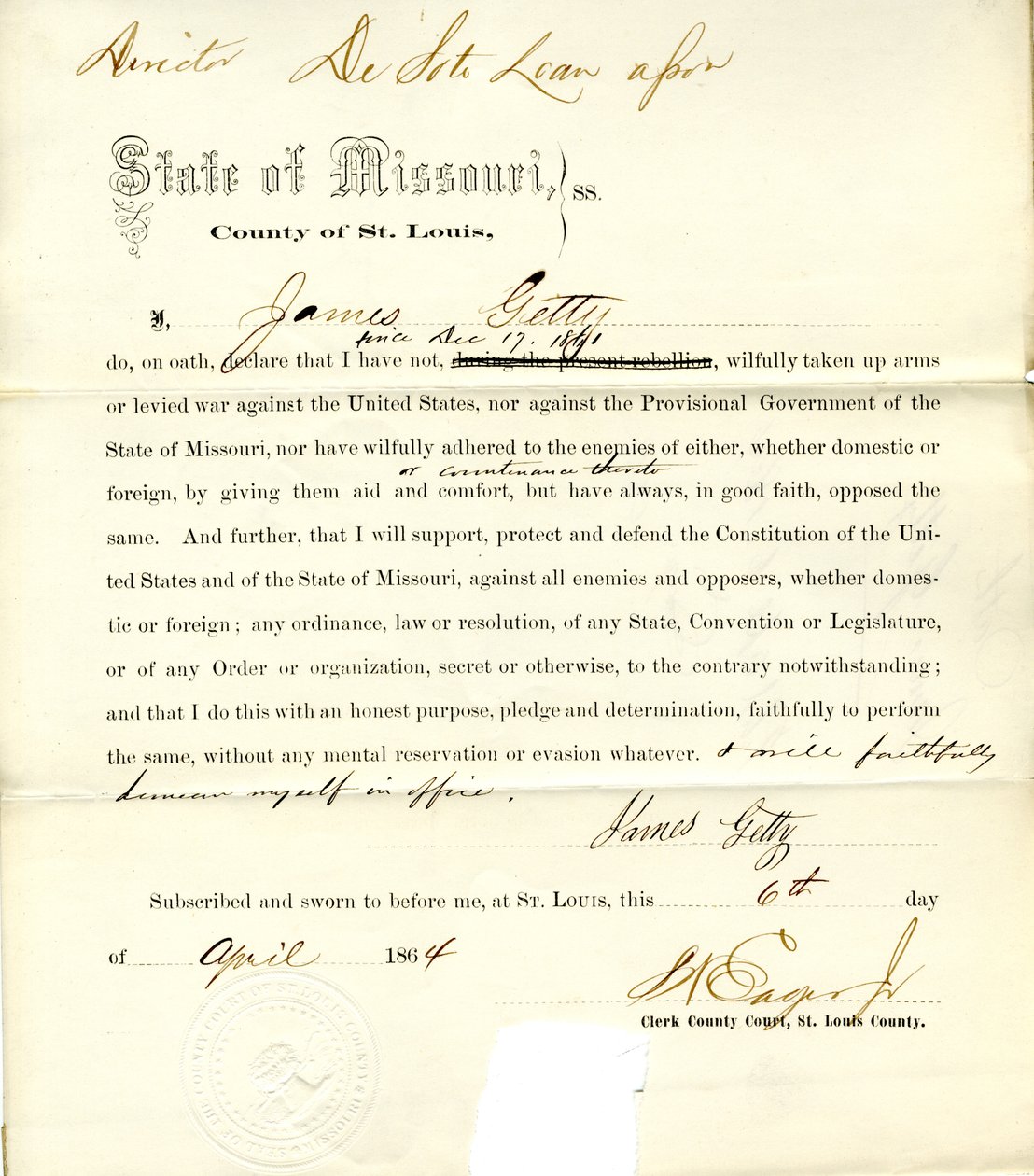 Giuramento di fedeltà di James Getty del Missouri, Contea di St. Louis da J. Getty