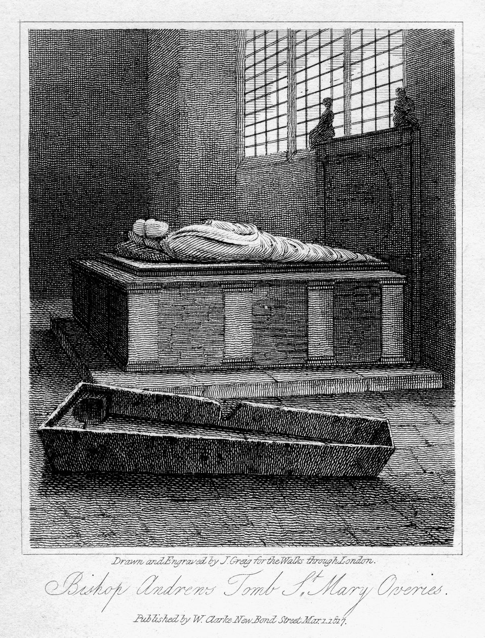 Tomba del vescovo Andrews, Chiesa di St Mary Overies, Southwark, Londra, 1817 da J. Greig