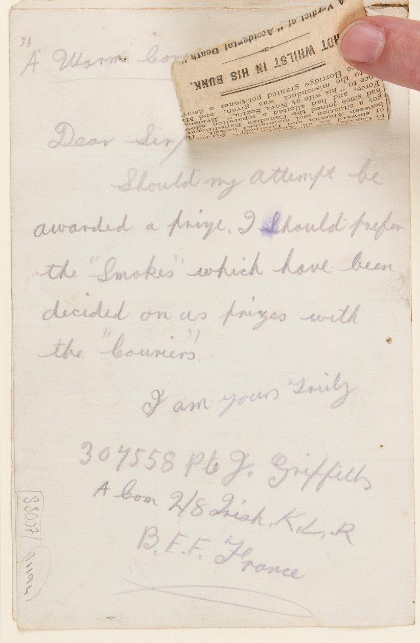 Lettera al redattore del concorso del Liverpool Weekly Courier, 1917 da J. Griffiths