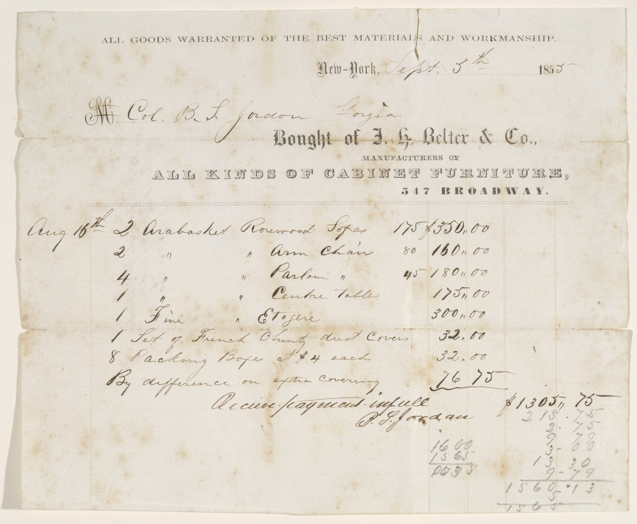 Atto di vendita al Col. B. S. Jordan, 5 settembre 1855 da J. H. Belter and Co. J. H. Belter and Co.