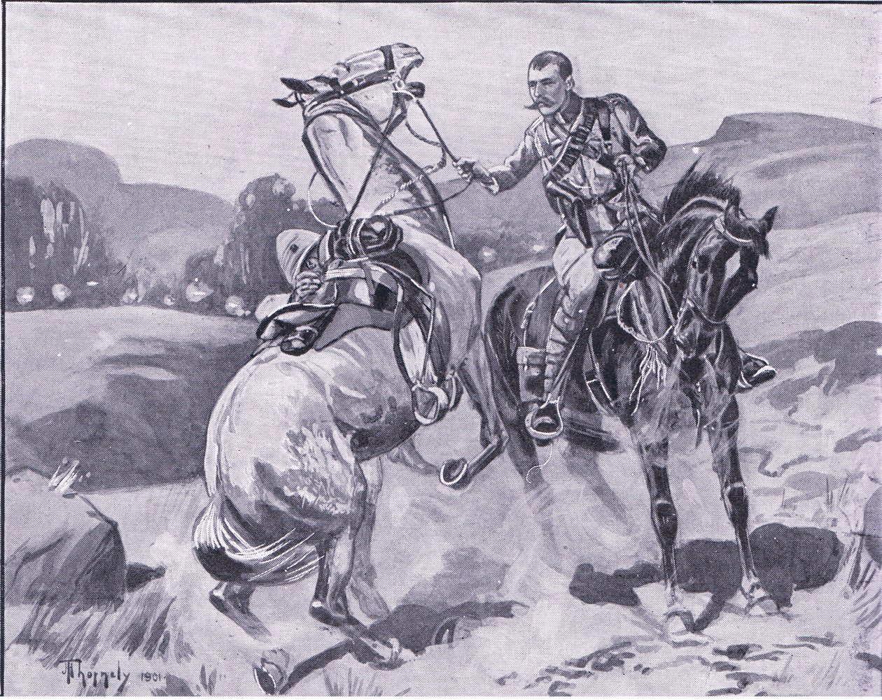 Il maggiore Brown, 14° Ussari, che tiene il cavallo del tenente Brown sotto fuoco pesante, illustrazione da After Pretoria: The Guerilla War, 1902 da J. H. Thorneley