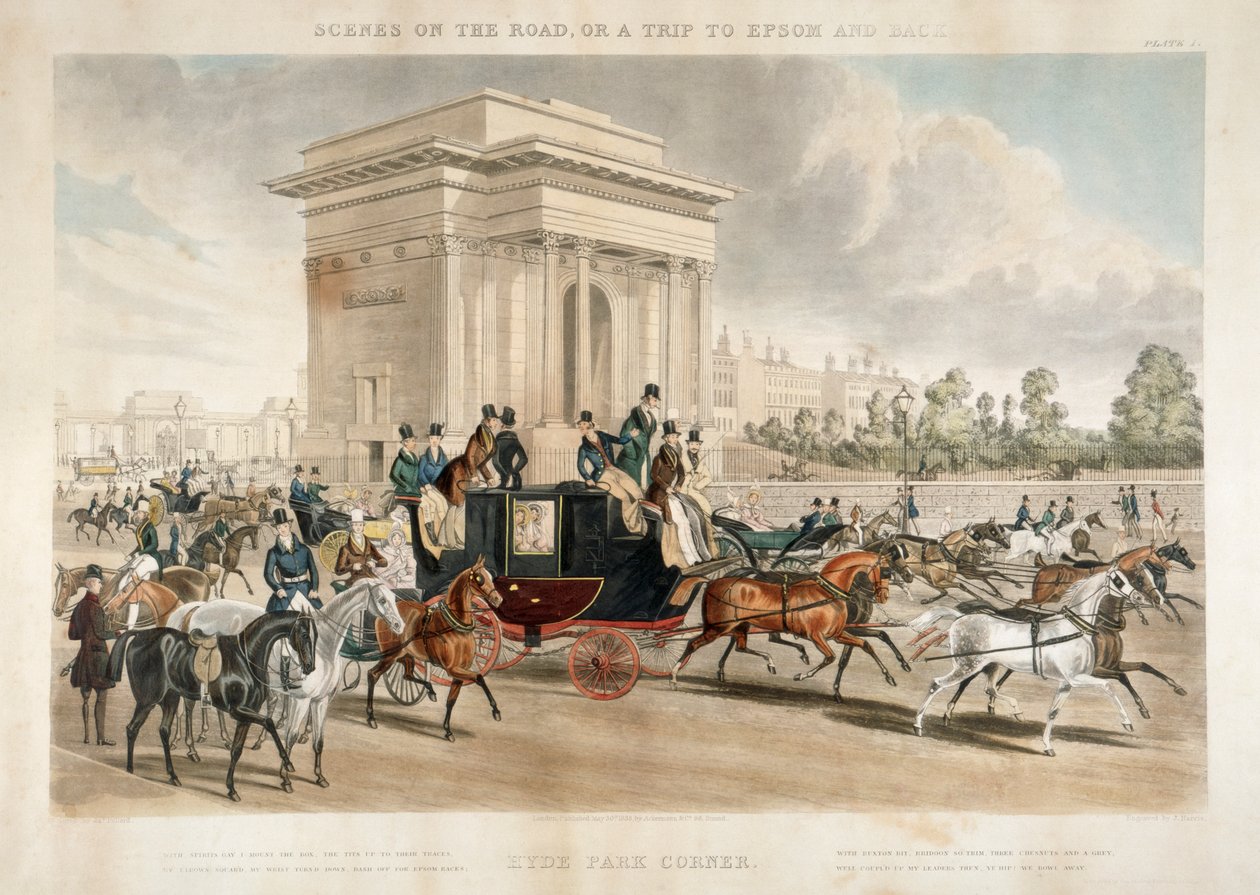 Carrozze trainate da cavalli lungo Hyde Park Corner, Londra da J Harris