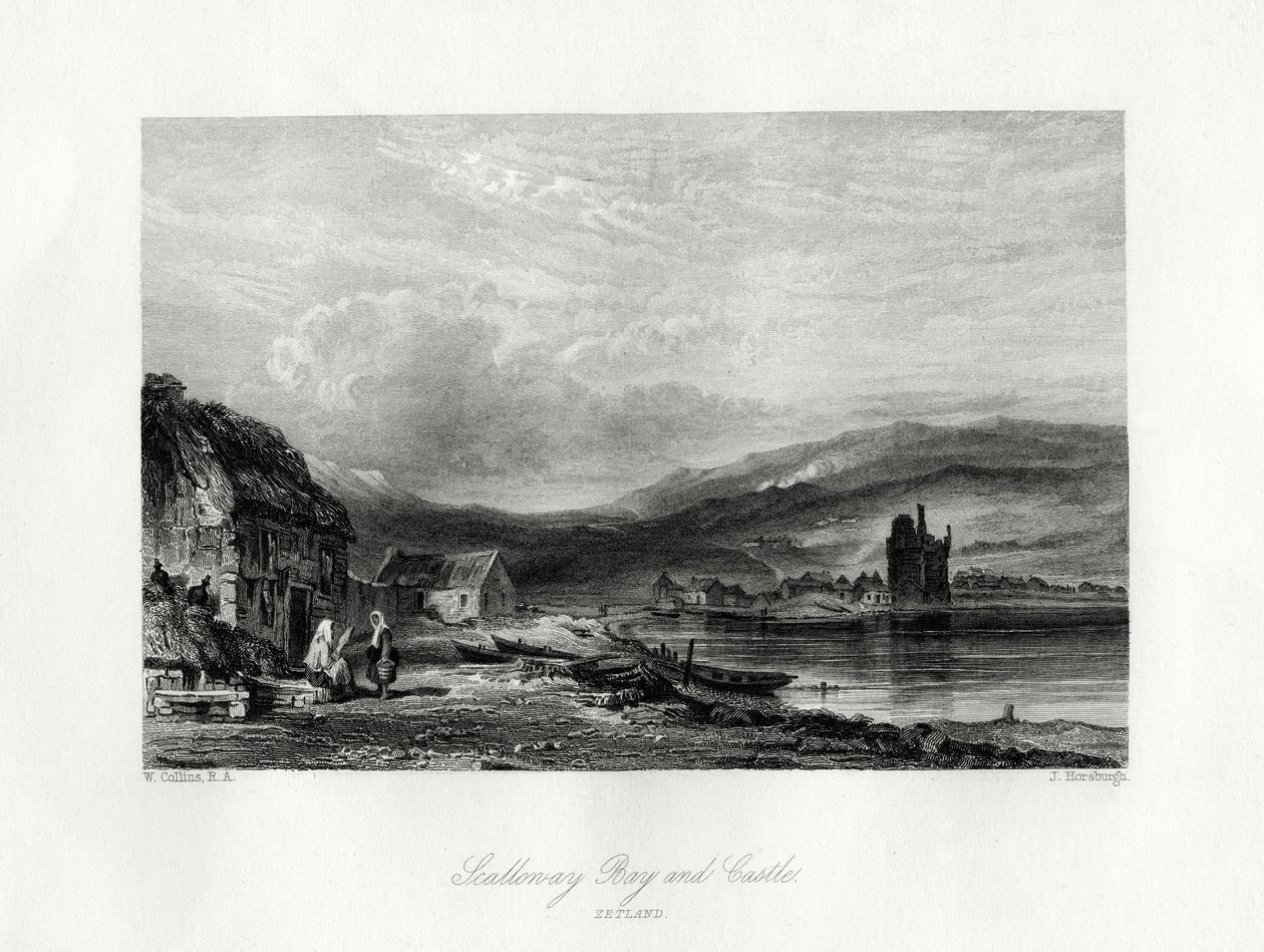 Baia e castello di Scalloway, Zetland, XIX secolo da J. Horsburgh