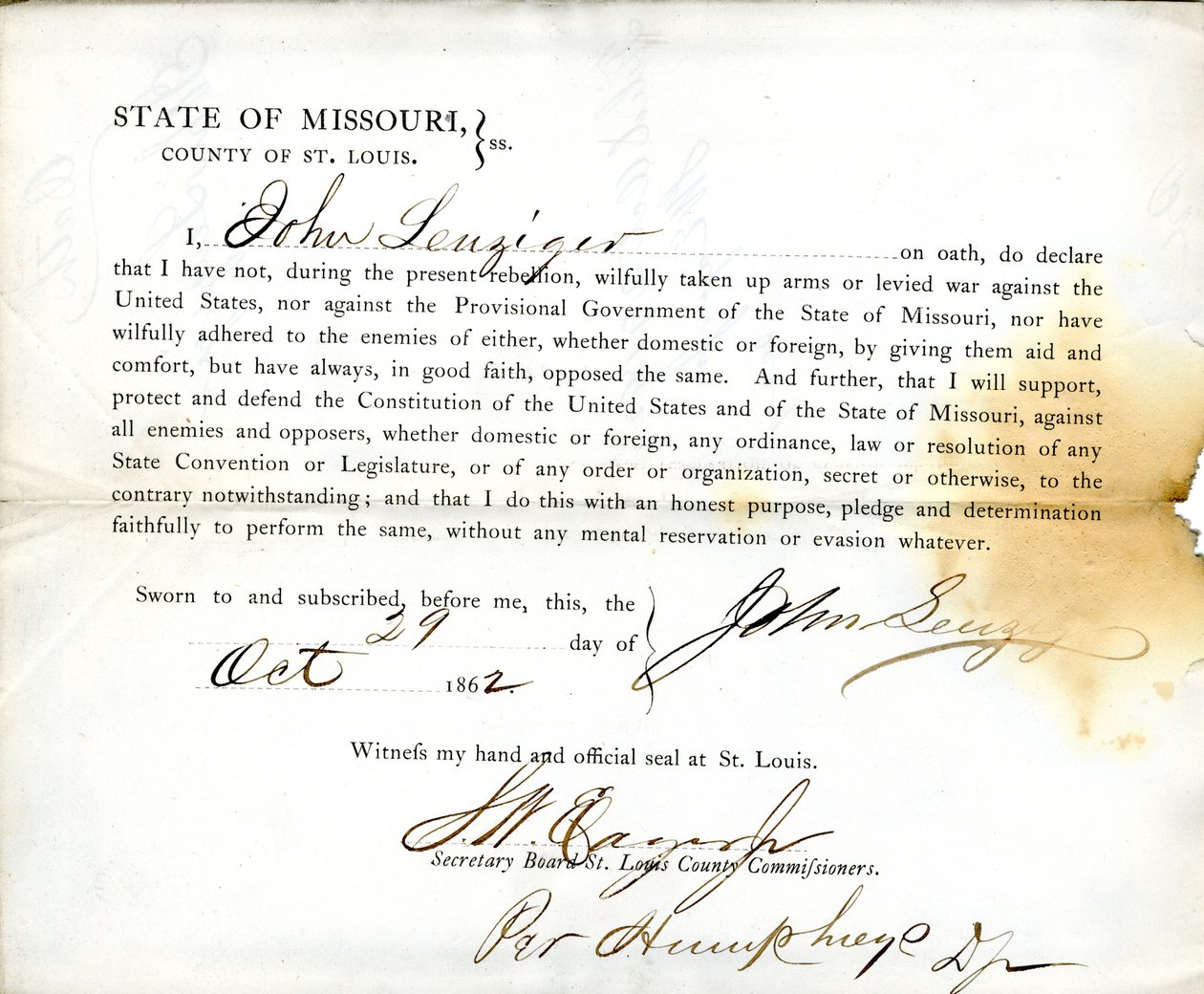 Giuramento di fedeltà di John Leuziger del Missouri, Contea di St. Louis da J. Leuziger